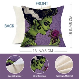 Pycat Halloween Green Monster Decorative Throw Pillow Covers 18 x 18 Set of 2, Vintage Horror Movie Character Porch Outdoor Home Decor, Retro Gothic Dark Art Sofa Couch Cushion Case
