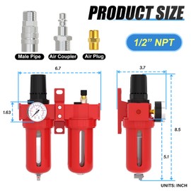 MEANLIN 1/2" NPT Aluminium Air Compressor Moisture Filter, Coalescing Filter, Lubricator and Air Regulator, Manual Drain with 150 PSI Gauge and Valve Shut Off Switch for Air Tools and Spray Paint Gun