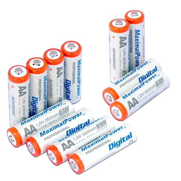MaximalPower Premium Rechargeable AA Batteries, High Capacity 2600mAh NiMH AA Battery, Ultra AA Cell Battery (12x AA)
