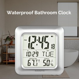 KADAMS Bathroom Clock 9.5" Kitchen Wall Clock with Large LCD Screen – Shower Clock with Suction Cup,Temperature, Humidity, Calendar – Water-Resistant, 4 Mounting Options, Silver