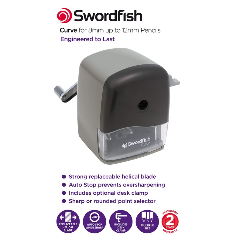 Swordfish High Capacity ‘Curve’ Multiple Size Desktop Manual Pencil Sharpener