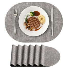 homing Placemats Set of 6, Heat Resistant Oval Faux Leather Place Mats 11.8 x 17 Inch, Waterproof Wipeable Reversible PU Placemat for Kitchen Dining Table, Indoor & Outdoor, Light Grey