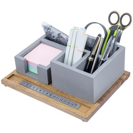 MyGift Modern Concrete Office Desktop Stationery Holder Set with Sticky Note Storage & Acacia Wood Tray – 3-Piece Desk Organizer