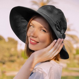 XL Packable Summer Cotton Sun Hat Bucket UV UPF 50+ Protection Wide Brim Beach Gardening for Extra Large Big Head Women Black 60-62CM