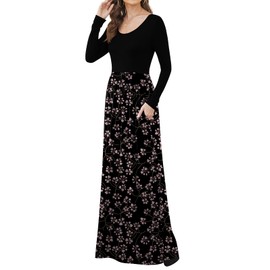 DB MOON 2025 Women Casual Fall Long Sleeve Maxi Dresses Empire Waist Long Dress with Pockets Flower Gypsophila Black S