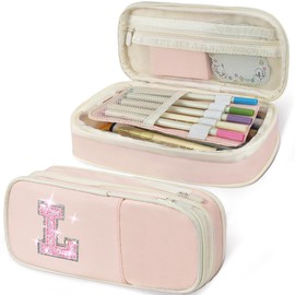 Preppy Pencil Case for School Supplies, Initial Large Pink Pencil Case Organizer with Zipper, Cute Pencil Bag Holder for Office, Ideal Birthday Gift for Kids,8,9,10 Years Old Girls, Adults--Pink L