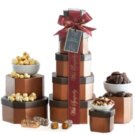 Broadway Basketeers Sympathy Gift Basket Tower– Condolences Baskets, Bereavement Care Package, Thoughtful Comforting Food Delivery for Loss of Loved One