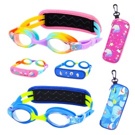 RUIGAO Kids Swim Goggles Age 3-8, Child Goggles Fbaric Strap, UV Protection/Anti-fog/No Hair Pull (2PK Kids - Rainbow/Blue)
