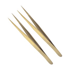 CoCud Stainless Steel Tweezer Straight Tip Anti-static Professional Precision Industrial Tweezers Gold Tone - (Application for Eyebrow Lab Crafts Soldering Electronics), 2-Pieces