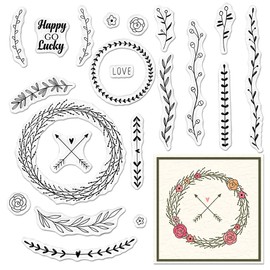 Hying Flowers Leaves Wreath Clear Stamps for Card Making, Floral Lace Arrows Rubber Stamps Writing Lines Transparent Stamp Seal for Crafting DIY Scrapbooking Photo Album Decorations