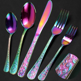 Meythway 40-Piece Vintage Carved Rainbow Silverware Set for 8, Stainless Steel Flatware Set with Knife/Fork/Spoon, Cutlery Set for Home and Kitchen, Utensil Set with Dishwasher Safe