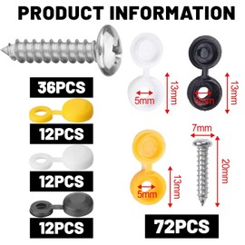 CATOR 72 Pieces License Plate Screws and Caps, 36 Screws and 36 Caps License Plate Screws Fixing Kit, White, Yellow and Black Caps, License Plate Fixing Kit, Car Number