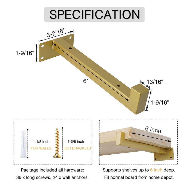 OVOV 6 Pack Gold Shelf Brackets 6 Inch Floating Shelf