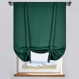 DONREN 63 Inches Long Adjustable Tie Up Shade & Curtain - Blackout Thermal Insulated Rod Pocket Panel for Small Window (42 W by 63 L,Dark Green,Set of 1)
