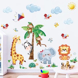 decalmile Wall Sticker Jungle Animals Tree Wall Sticker Giraffe Lion Monkey Wall Sticker Baby Room Nursery Living Room Wall Decoration