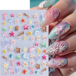 5D Embossed Ocean Nail Stickers Self-Adhesive Summer Nail Art Stickers Mermaid Dolphin Starfish Flower Designs Beach Nail Art Supplies Marine Life Nail Decals for Women Girls Acrylic Nail Decorations