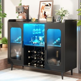 iSunirm Wine Bar Cabinet with Power Outlet, Liquor Cabinet Bar with LED Light and Glass Holder, Home Coffee Bar Cabinet, Buffet Sideboard with Storage Shelf for Kitchen, Dining Room, White