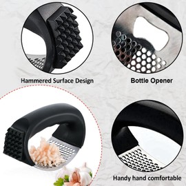 Best Garlic Crusher - Easy to Use Stainless Steel Garlic Crusher and Mincer Chopper - Garlic Press Rocker with Bottle Opener - Heavy Duty Garlic Presser - Durable Ginger Crusher (Black)