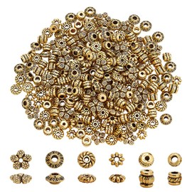PH PandaHall Pack of 300 Tibetan Spacer Beads, 6 Style, Antique Golden Spacers, Made of Alloy Metal, Tube Beads, Flower, Flat Rondelle, Loose Beads for DIY Jewellery Making Accessories