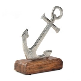 DESIGN DELIGHTS Stand Maritime Mango Wood, Metal, 16 cm, Anchor Sculpture on Base, Metal Sculpture, Ship Anchor Figure