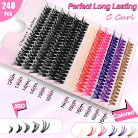 DIY Eyelash Extensions Set, 0.07D Eyelashes, Individual False Eyelash Cluster Mix, 6 Colours with Eyelash Glue and Tweezers for Beginners, Reusable Eyelash Clusters (50D + Colour), Pack of 240
