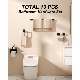 Einvv Matte Black Bathroom Hardware Set, 10-Piece Stainless Steel Bathroom Accessories with Double 24" Towel Bars, 2X Toilet Paper Holders with Shelves, 4X Towel Hooks, 2X Towel Rings