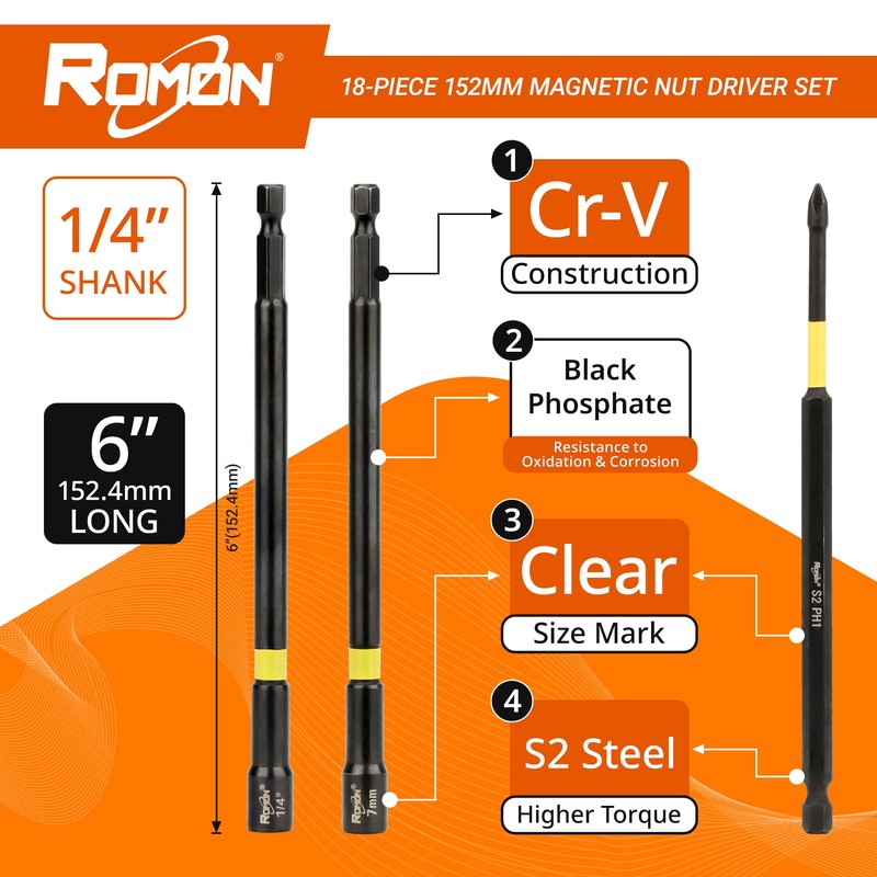 18-Piece Long Magnetic Nut Driver Set for Impact Drill, SAE