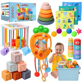 Baby Toys 6 to12 Months, 7 in-1 Montessori Toy for 6-9-12-18 Month Old with Pull String Toy, Sensory Bin Toys, Stacking Baby Blocks & Soft Infant Ring & Sensory Ball, Stacking Cups for Toddler Gift