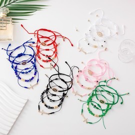 Handmade Braided & Beaded Bracelet Set 4pcs/ set - Fashion Matching & Adjustable Size Cross Decor Accessories for Daily Wear:_black set 