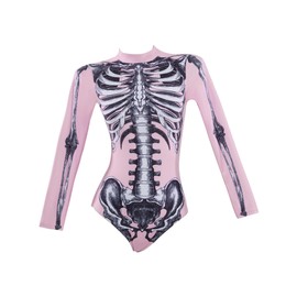 haikyuu Women Pink Skeleton One Piece Swimsuit Long Sleeve Skull Bodysuit Swimwear Goth Gothic Bathing Suit (US, Alpha, X-Large, Regular, Regular, Standard, Pink)