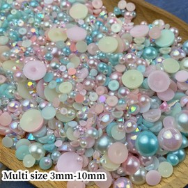 Mix Flatback Pearls and Rhinestone,60g Resin Rhinestones Half Round Pearls for Crafts 3mm-10mm AB Color Half Pearl Flatback Rhinestone for Nail Face Art,Bottles (Light Pink Blue Series)