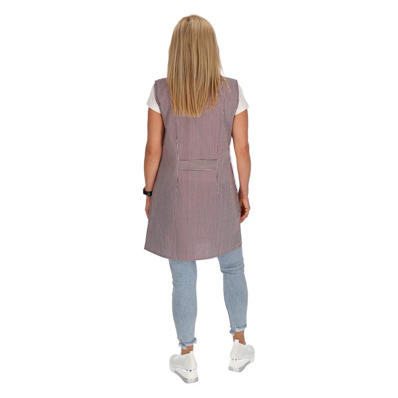 7/8 Tunic Cotton Striped Short Sleeveless Cooking Apron, Bordeaux -