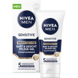 Nivea Men Sensitive Beard & Face Care Gel, Fast Absorbing Beard Care for Sensitive Men's Skin, Soothing Face Care to Relieve Skin Irritation (50 ml) | Quickly absorbed, for sensitive men's skin, soothes, relieves skin irritation
