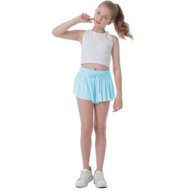 Flowy Shorts for Girls Butterfly Shorts for Kids Teens Preppy Tennis Running Athletic Shorts with Liner(Light Blue,5-6 Years)