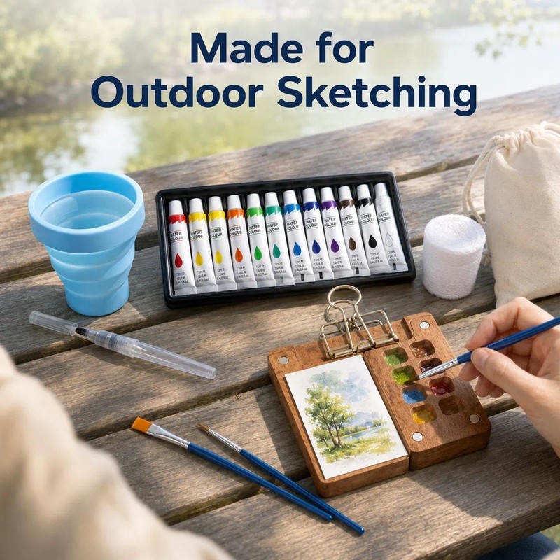 9PCS Travel Watercolour Set,Mini Watercolour Paint Set Travel WoodenPalette