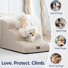 GoGoBunny Ramp Dog Stairs for High Beds 22.6" H, 5-Step Dog Slope Stairs with Durable Waterproof Fabric Cover, Pet Steps for Old Large Dogs Climbing, Non-Slip Sturdy Indoor Step, Beige