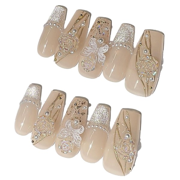 JINGHONG handmade nails,press on nails, short coffin,Dreamy 3D Flower,Size-Medium