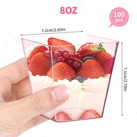 100 Pack 8oz Charcuterie Cups, Appetizer Cups for Dessert Pudding Jello Parfait Fruit, Plastic Disposable Square Dessert Cup Pink Shot Glasses for Party Wedding Bridal Shower Catering Supplies
