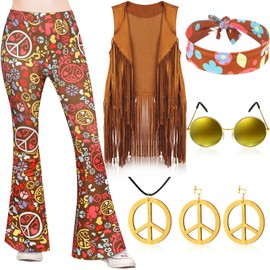 Jenaai 7 Pcs Kids 60s 70s Hippie Outfits for Girls Costume Set Boho Flared Pants Hippie Outfits Accessories Set (Retro,Small)