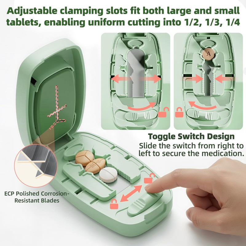 Pill Cutter Splitter with Adjustable Slot, 1/2 1/3 1/4 Tablet