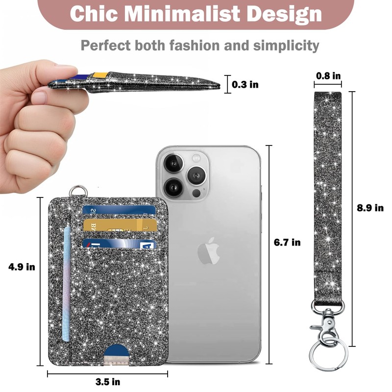 Card Holder Keychian and Lanyard Wallet Front Pocket Minimalist Travel