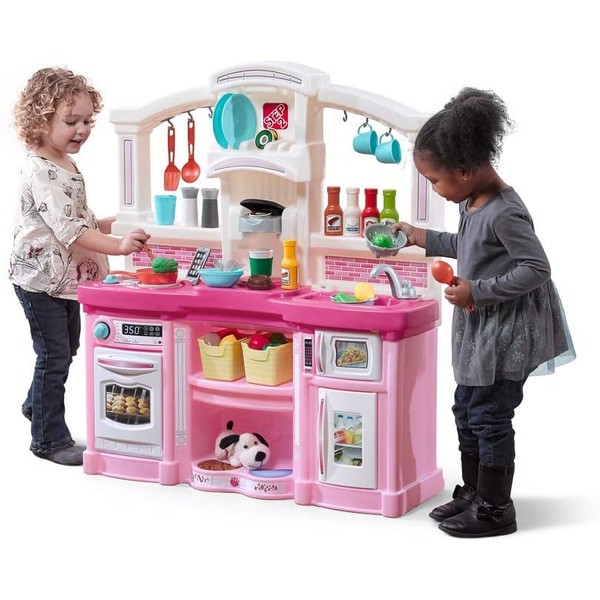 Step2 Fun with Friends Kitchen | Large Plastic Play Kitchen with Realistic Lights & Sounds | Pink Kids Kitchen Playset & 45-Pc Kitchen Accessories Set