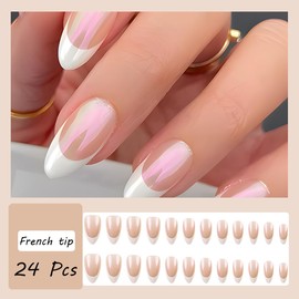 24pcs French Tip Press on Nails Medium Almond Fake Nails with Design White French Nail Tips Glue on Nails Aurora False Nails Reusable Glossy Acrylic Nails for Women Girls