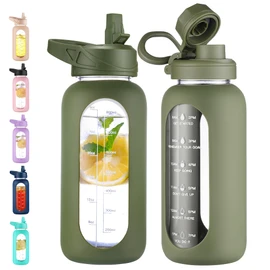 CIVAGO 32 oz Glass Water Bottle with Straw and Handle, Large Sports Motivational Water Bottle Flask with Time Marker, Leakproof Water Jug Canteen with Silicone Sleeve for Gym,Army Green