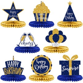 Spakon 8 Pieces Blue Gold Happy Birthday Table Decorations Happy Birthday Honeycomb Centerpieces Glitter Table Toppers Blue and Gold Party Decorations for Men and Women Party Supplies