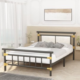 Recaceik Full Metal Bed Frame, Sturdy Platform Bed with Headboard & Footboard, No Box Spring Needed, Under Bed Storage, Non-Slip Without Noise, Gold, 75x58x38 inches, 500 lbs Weight Capacity