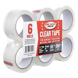 Clear Packing Tape, Pacific Mailer Heavy Duty Packaging Carton Tape for Shipping Packaing Moving Sealing, 2 Inch Wide, 2.7mil Thickness, 65 Yards Per Roll [Pack of 6]