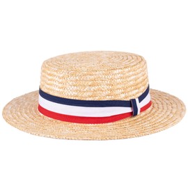 ZAKIRA Classic Straw Boater Hat Handmade from Natural Straw in Union Jack Colours (Red-White-Blue Band, XL)