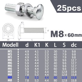 XRXYMQ 25 PCS M8 Coach Bolts M8 x 60 mm Carriage Bolts A2 Stainless Steel Coach Screws with Hexagon Nuts and Washers Nuts and Bolt For Metal Wood