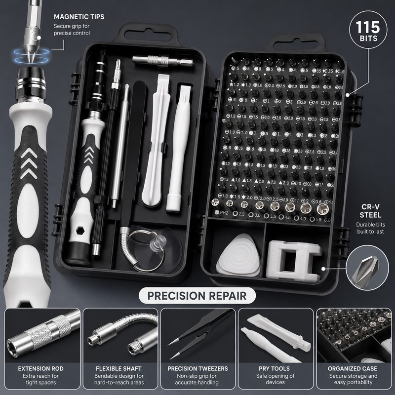 115-in-1 Precision Screwdriver Set for Electronics Repair – Magnetic Multi-Bit